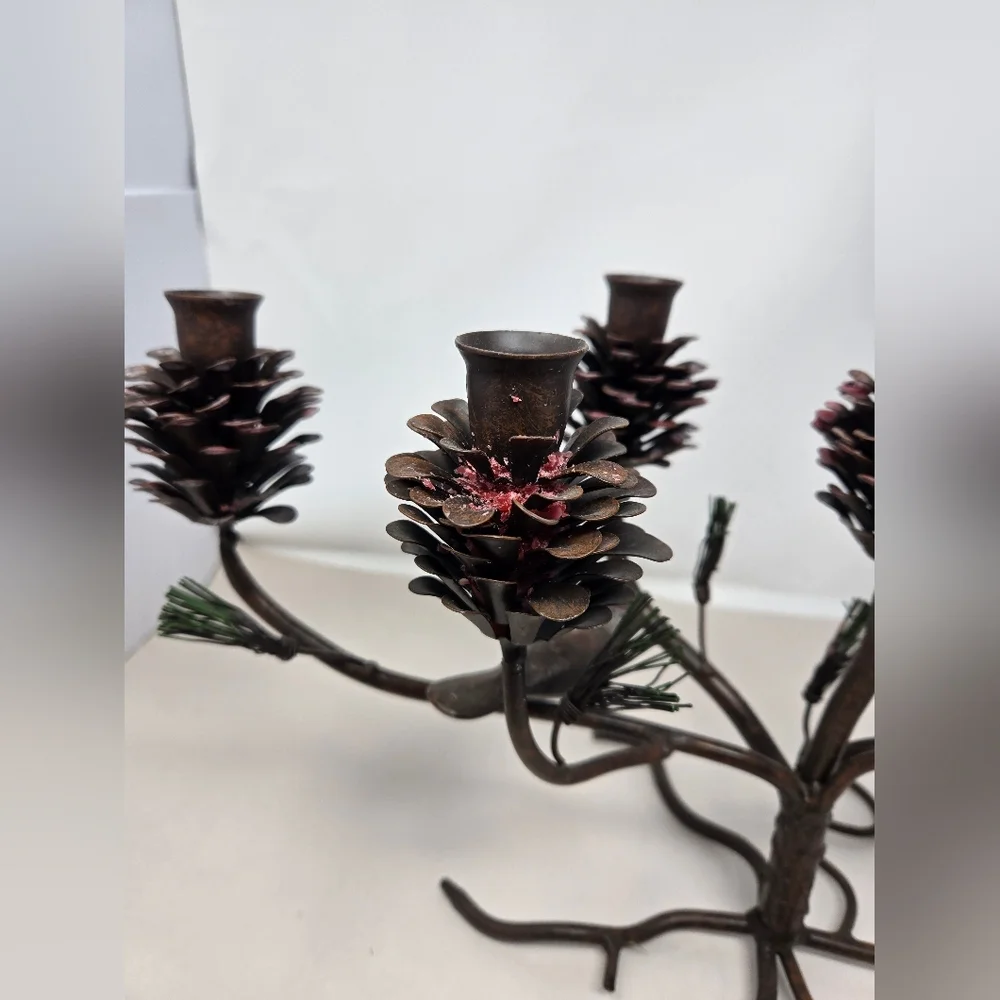 Vintage Metal Candleabra Pinecone Metal Pine Needles Bird Holiday Table Decor